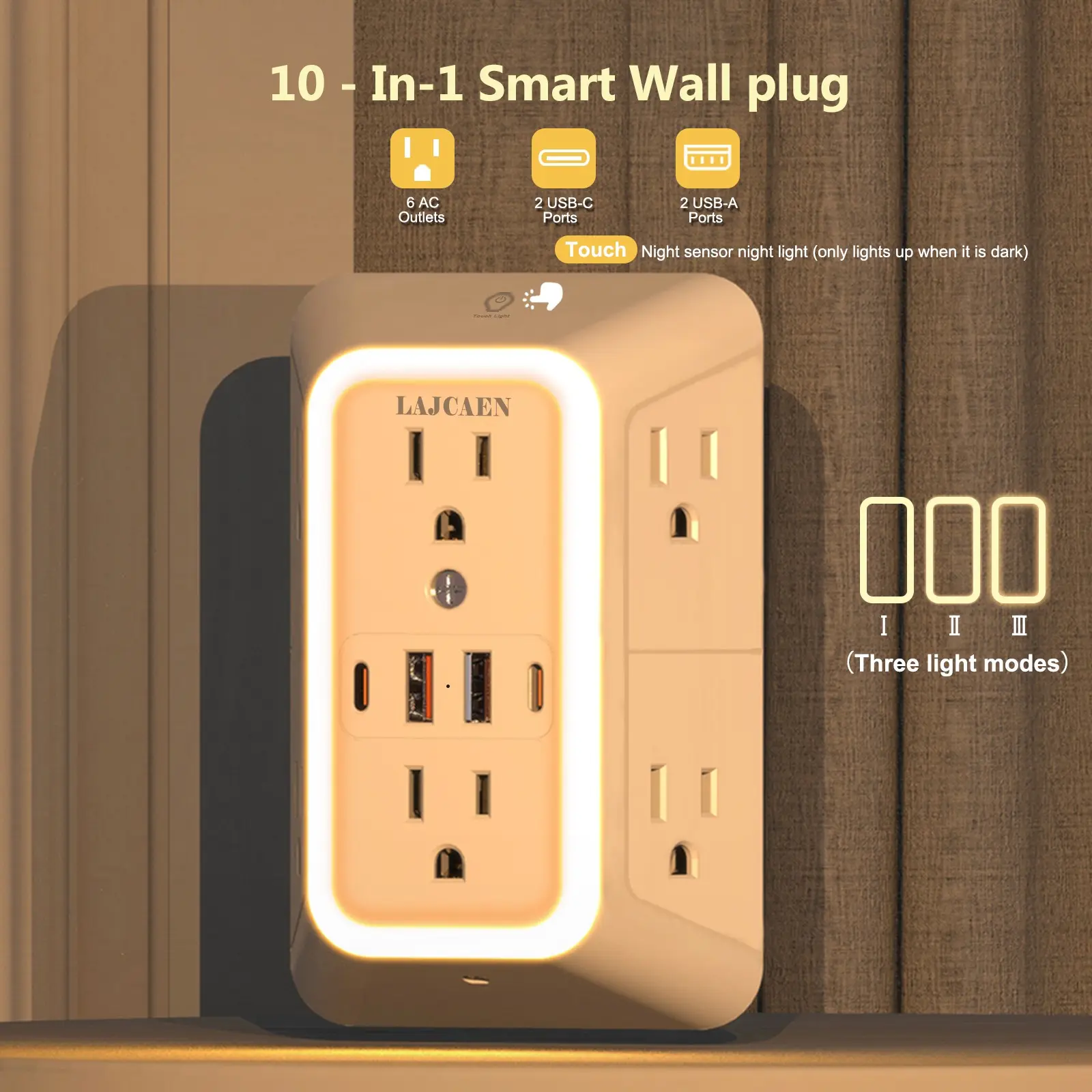 2026 NEW LAJCAEN 10-In-1 Multiple Outlet Wall Plug USB Power Outlet, Usb Power Socket Wall Charger Surge Protector With Night Light, 6 AC Outlets With 4 USB Ports (2A 2C), Safe and Portable, 1050J for Home, Dorm, Office, Travel