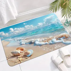 1pc Beach Print Size Optional, Seaside Beach, Starfish Shells Are Natural and Comfortable, Very Suitable for Summer Floor Mats, Bathrooms, Bedrooms, Toilets, Hallways and Other Area Mats