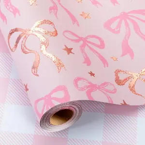Wrapping Paper Roll, Cute Bow  Wrap, Reversible Plaid  Paper for Girl  Shower, Birthday, Wedding 17 Inch x 33