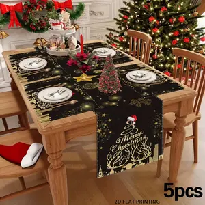 2D flat printing, 1 piece/4 pieces/6 pieces/5 pieces set/7 pieces set, Christmas linen table flag placemat set, black and gold themes, with golden Christmas tree, stars and snowflakes, suitable for restaurant party decoration