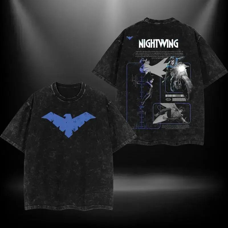 Vintage Distressed Black Cotton Nightwing Comic T Shirt Cartoon Print Crew Neck Short Sleeve Casual Loose Streetwear Unisex Adult Top For Anime Fans