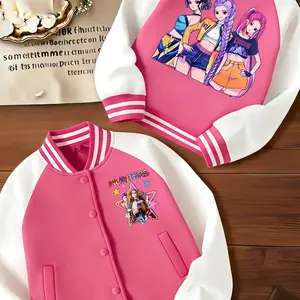 Girl Group  Girls Short Baseball Jacket with Cartoon Design, Fitted Activewear for Kids, Elastic Fabric for Fall & Winter, Trendy School Uniform for Halloween