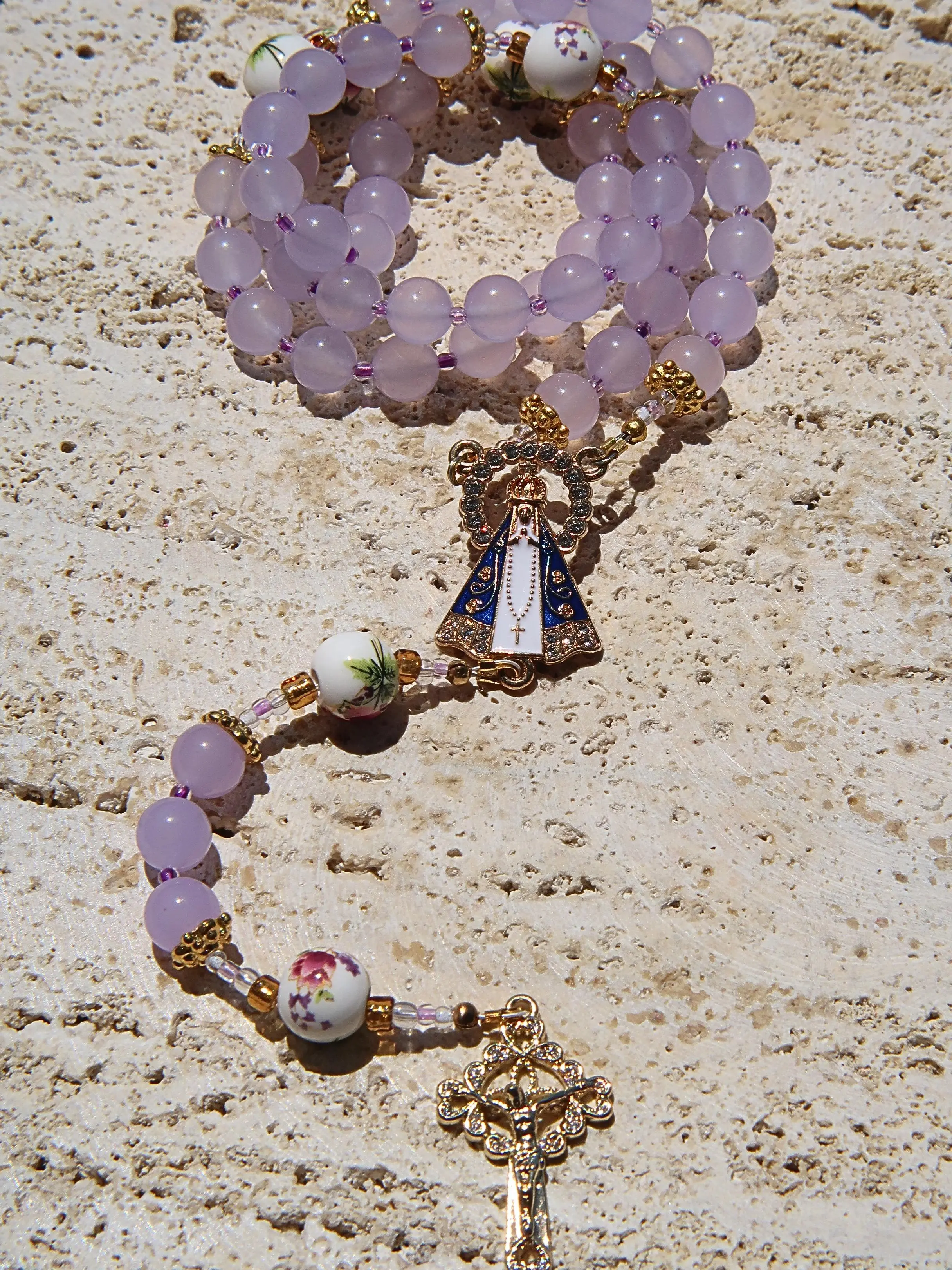 Handmade Our Lady of Aparecida Rosary with Lavender Glass Beads, Catholic Prayer Beads, Marian Devotional Gift, First Communion Rosary
