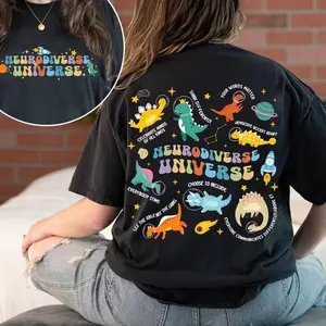 2 Sided Shirt - Autism Awareness Shirt: Neurodiverse Universe Dino Teacher, Teens & Adults Sizes