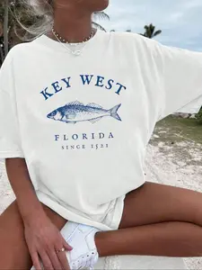 Women's Fish Pattern Printed Round Neck T-Shirt, Casual Thin Top for Daily Wear, Perfect for Outdoor and Beach Vacations, Casual Fashionable Top