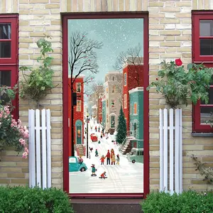 2 Winter Snow Scene Street View Decorative Wall Stickers Removable Self Adhesive Home Door Decals for Christmas New Year Festive Atmosphere Living Room Bedroom Kids Room Cartoon Architecture Snowscape
