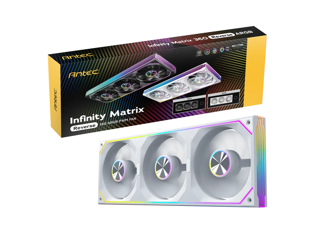 Antec Infinity Matrix 360 Reverse ARGB White, 360mm Single-Frame Fan Design, Reverse Blade, Independent Dual-Cable Design, Four-Sided Infinity Mirror Lighting, PWM 1800 RPM, 5V 3-Pin ARGB