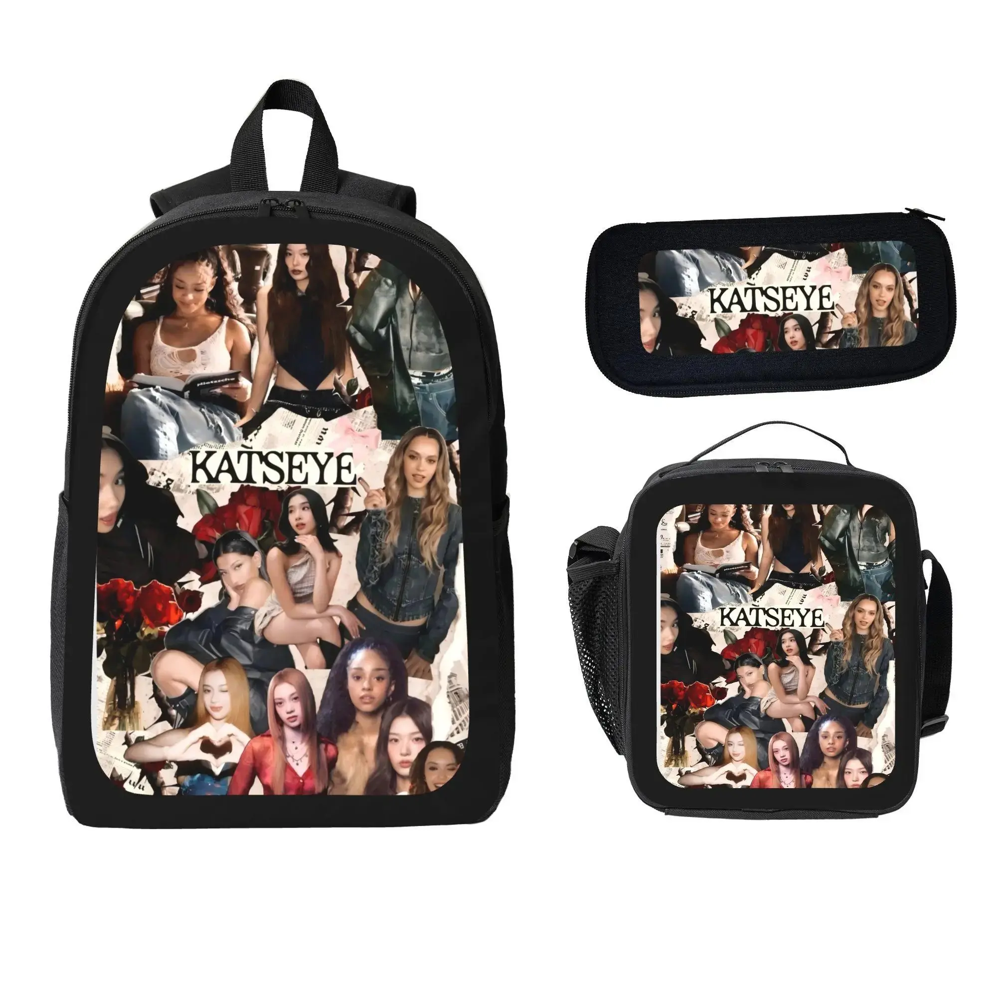 Unisex 3-Piece KATSEYE Backpack Set Pack, Lightweight Casual Kpop Daypack School Kit with Insulated Lunch Box + Pencil Case, Back to School Essentials for Middle & High Schoolers, Three Pieces
