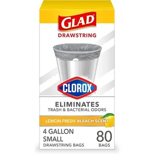 Small Drawstring Trash Bags with Clorox, 4 Gal, Lemon Fresh Bleach, 80 Ct (Package May Vary)