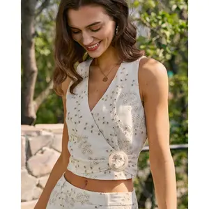 rihoas Women's Beige Sleeveless V-Neck Embroidery Tank Top - Polyester-Cotton Plant Fabric Wrap Top with Buttons, Lady's Hip-Flattering Office Wear,summervibes