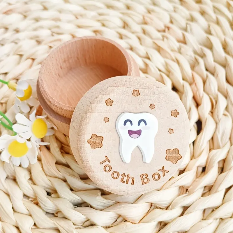 1 wooden tooth sprite box with 3D tooth pattern design, tooth preservation box, tooth storage box, tooth box, tooth collection box, souvenir storage box, birth souvenir, home decoration