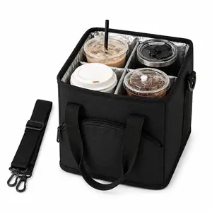 4-Compartment Coffee Drinkware Water Bottle Carrier with Adjustable Strap Foldable Detachable Hook-and-Loop Divider for Car Travel Beach Picnics Outdoor Straw Accessories Classic Black Lake Blue Heather Dark Gray Durable Spill-Proof Design Tumbler Summer,