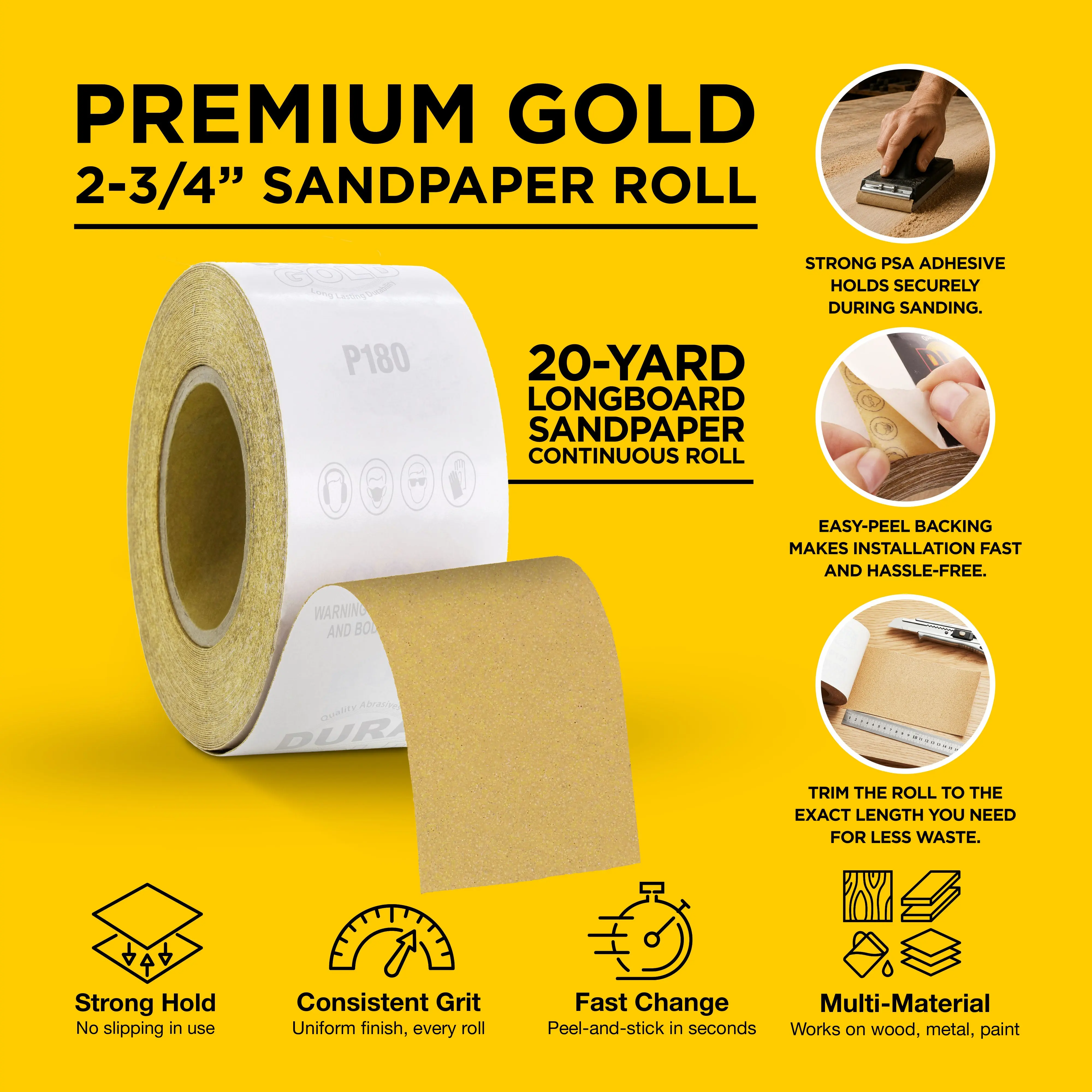 180 Grit Gold - Longboard Continuous Roll PSA Stickyback Self Adhesive Sandpaper 20 Yards Long by 2-3/4" Wide