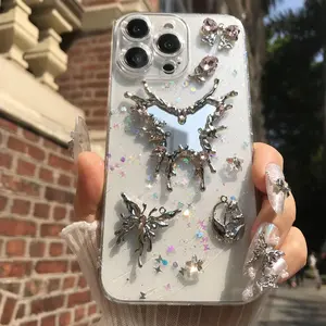 Butterfly & Rhinestone Decor Phone Case, Fashion Phone Protective Cover, Phone Accessories Compatible with iPhone 16 15 14 13 12 11 Pro Max, Casing