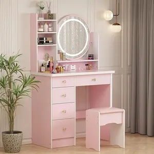 FUFU&GAGA Upgraded Makeup Vanity Set with 5 Drawers, Light Shelf, Round Mirror, and Cushioned Stool Organize Storage Space