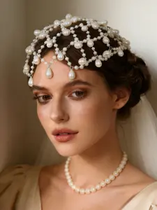 Elegant Pearl Wedding Hairband, Boho Style Chain Print Headband, Net Fringe Design, Perfect Evening Dress Accessory, All Seasons