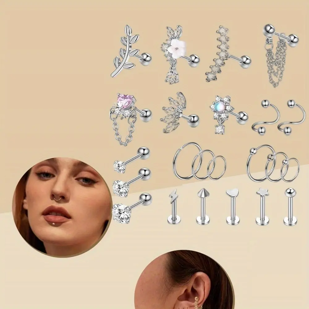 Cartilage Piercing Jewelry Set for Women, 23-Piece Stainless Steel Fashion Body Jewelry with Opal Studs, 0.8mm Helix Hoops & Flat Back Posts for Daily Wear, Female, Girlfriends, Back Post Doesn't Poke You, Casual, 1.2Mm, Sleep-Safe Back Post