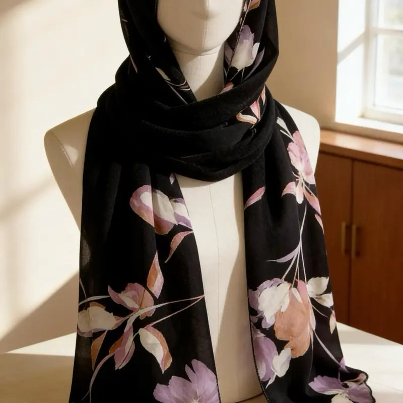 Black Oversized Floral Hijab, Fashion Scarf for Women.