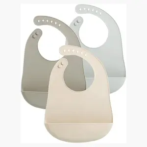 3 Pack Waterproof Silicone Baby Bibs| Super Thin Light Weight Feeding Bib with Food Catcher Pocket for Toddler