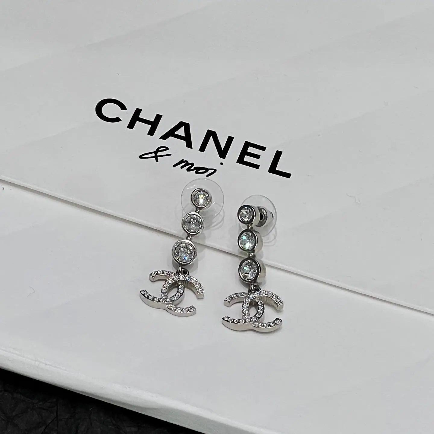 Pre-owned Chanel Double C Drop Earrings Silver Tone Metal with Pave Diamond Detail Fashion Jewelry 74650202