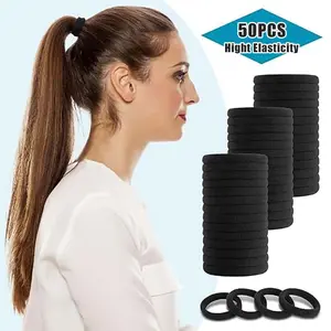 50pcs Seamless Black Hair Ties For Women and Girls, Durable & Stretchy Elastic Hair Ties, Hair Scrunchies Ponytail Holders - High Stretching, Thick Seamless Cotton, No Damage Soft black Elastic Hair Ties for Sports Hair Ties simple hair accessory