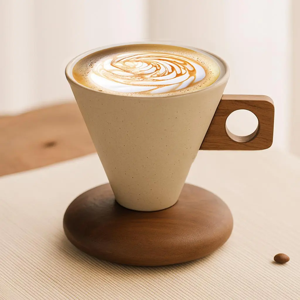 Vintage Curve Ceramic Coffee Mug with Wooden Handle, 250ml Cafe-Style Custom Art Mug for Home Use, Coffee Mugs, Ceramic Mugs