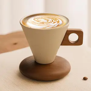 Vintage Ceramic Coffee Mug with Solid Wood Handle, Cozy Aesthetic Cup for Home Café, 250ml