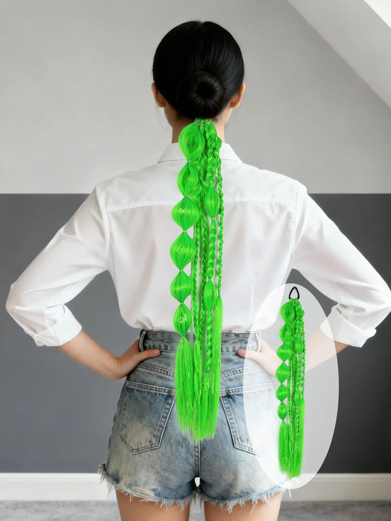 1pc Long Pink Blue Green Yellow MulticolorTinsel Hair Braided Ponytail＋Bubble Ponytail Extension for Women ,Y2k Hair Ponytail,22 Inch Wrap Around Ponytail Afro Puff Ponytail Style Hair Extensions ,Curly Braided Straight Textured Hairband Ponytails