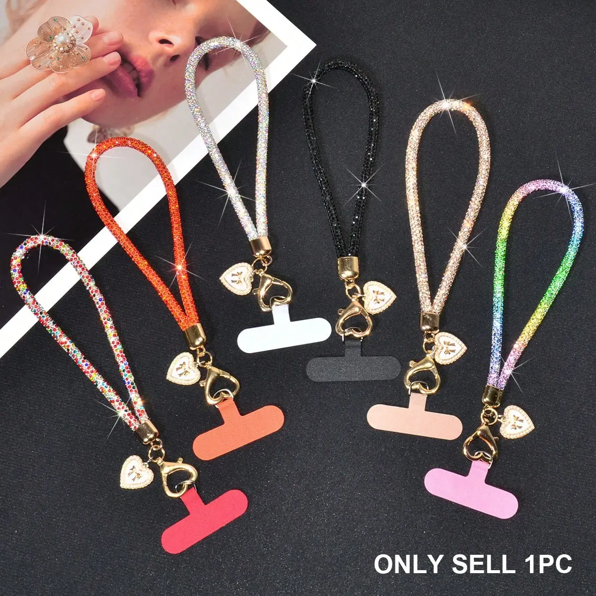 1Pc Luxury Sparkling Rhinestone Phone Case Lanyard, Bowknot And Heart-Shaped Pendant Wrist Strap, Detachable Heart-Shaped Buckle Phone Short Chain, Phone Chain Wristlet, Phone Sling, Outdoor Travel And Shopping Phone Anti-Lost Handheld Lanyard