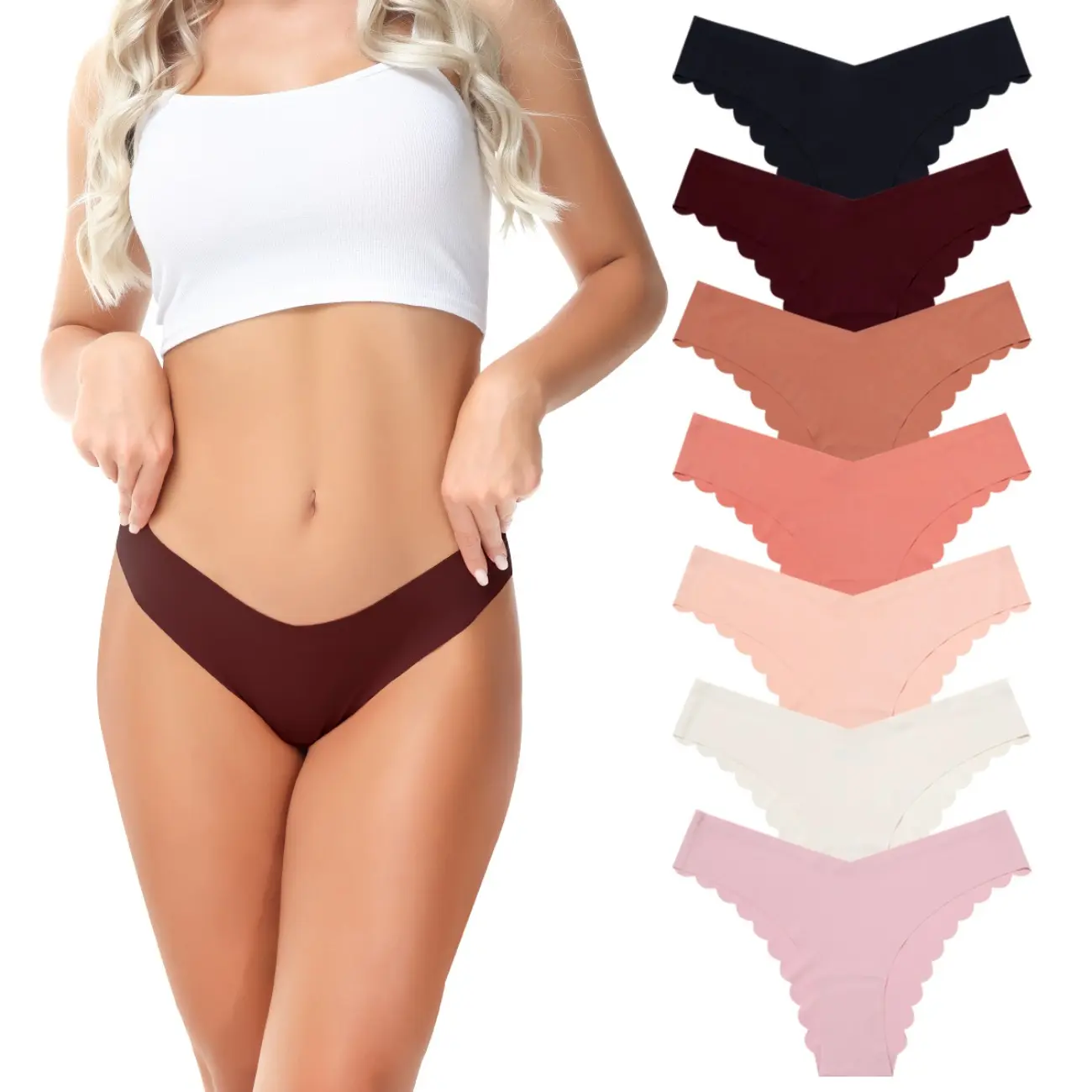 7 Pack Basic Underwear Set for Women, Seamless No Show Thong Panties in Soft Nylon Fabric with a Minimalist V-Cut Waist, Garment, Lady, Lingerie