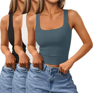 Women's 3 Pack Square Neck Tank Tops Sleeveless Ribbed Workout Cute Outfits Summer Cropped Camisole Fashion Clothes Soft