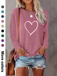Women's Heart Print Long Sleeve Tee, Casual Comfy Crew Neck T-shirt for Spring & Fall, Women's Top for Daily Wear, Casual Basic Fashion