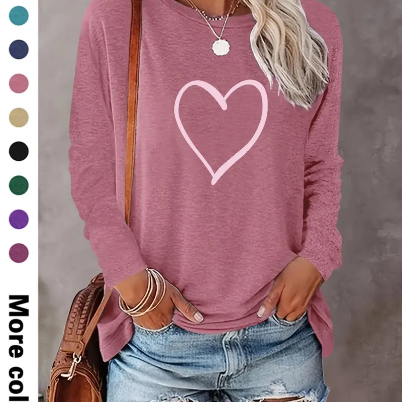 Women's Heart Print Long Sleeve Tee, Casual Comfy Crew Neck T-shirt for Spring & Fall, Women's Top for Daily Wear, Casual Basic Fashion