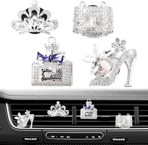 Rislobx 4PCS Bling Air Freshener Vent Clip, Crystal Diamond High Heel Shoe Bag Crown Perfume Bottle Car Diffuser Vent Clip Cute Bling Accessories Decoration for Women (Silver)