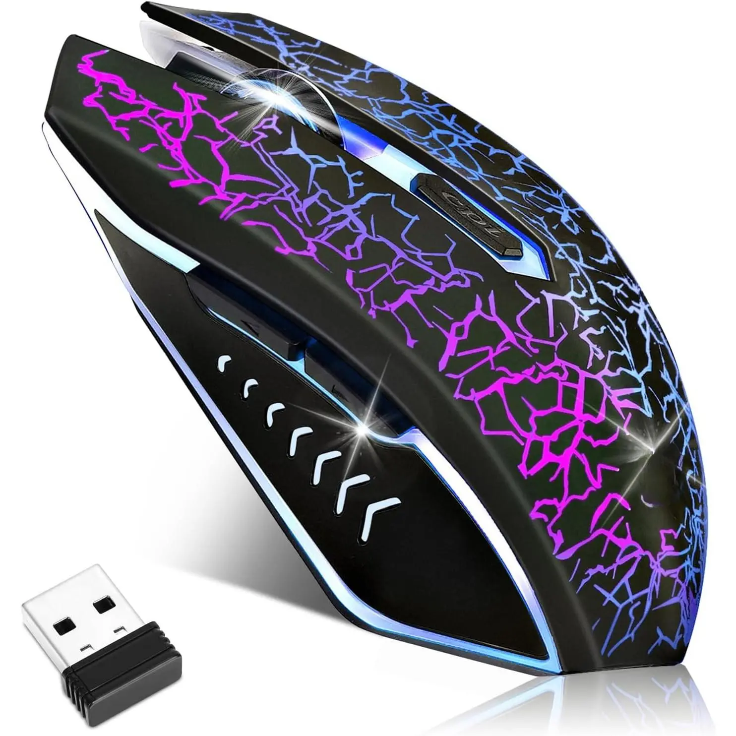 F-MUW12  Wireless Gaming Mouse, Rechargeable Wireless Computer Mouse, 7-Color LED Light, Ergonomic Mouse with 6 Silent Click Buttons, 3 Adjustable 2400 DPI Wireless Mouse for Laptop,PC,Mac, Black