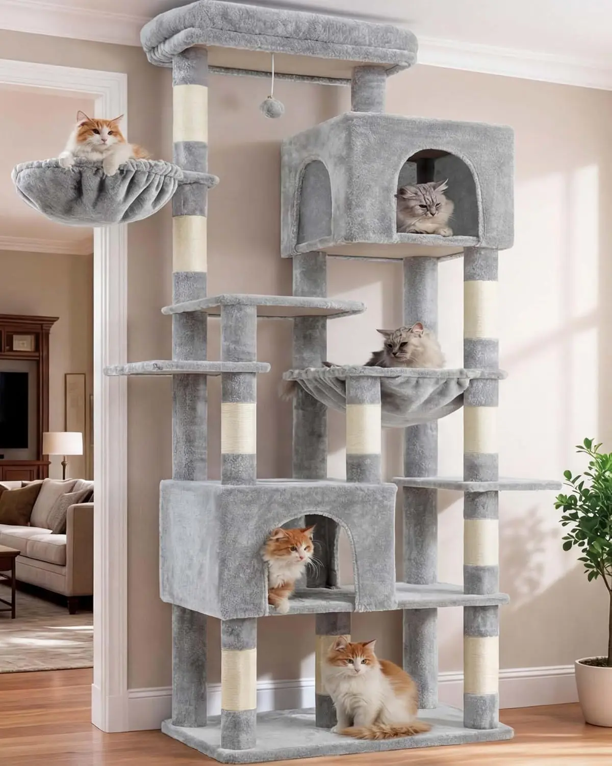 76-Inch Heavy Duty Cat Tower for Large Cats - Extra Wide Base Multi-Level Cat Tree with 2 Condos, 2 Deep Hammocks, 10 Sisal-Wrapped Scratching Posts - Tall Multi-Cat Furniture, Light Gray