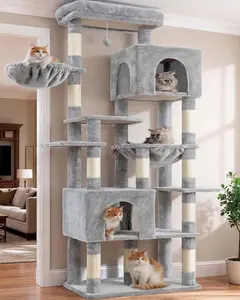 76-Inch Heavy Duty Cat Tower for Large Cats - Extra Wide Base Multi-Level Cat Tree with 2 Condos, 2 Deep Hammocks, 10 Sisal-Wrapped Scratching Posts - Tall Multi-Cat Furniture, Light Gray