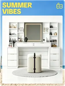 Summervibes [FORMA GRAIN] 59" Makeup Vanity Desk with Mirror and Lights, Large Dressing Table with 8 Drawers and Open Storage Shelves for Bedroom, White
