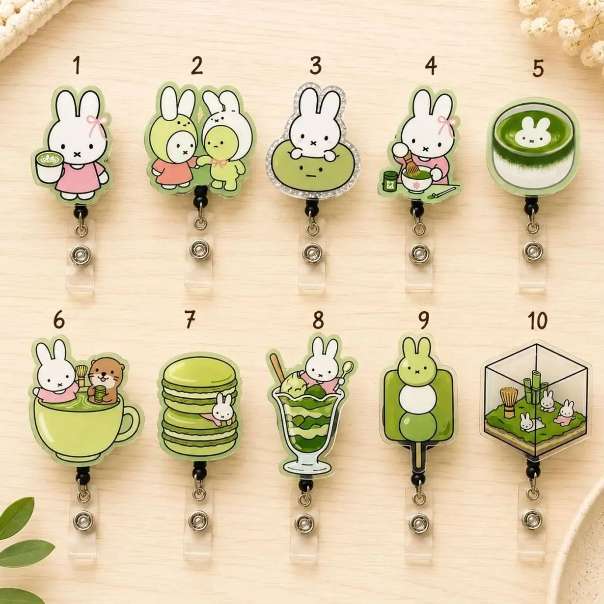 10 ops (not combo 10)  Matcha Bunny Badge Reel, Kawaii Acrylic ID Holder, Nurse Teacher Lanyard Clip