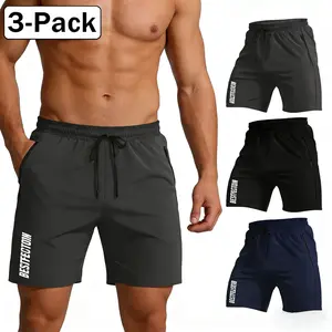 3pcs Men's Solid Color Shorts Zip Pockets Elastic Waist Drawstring Summer Fitness Casual Shorts men