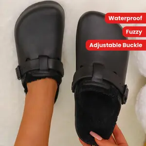 Cozy Winter Slip-On Clogs for Both Men And Women, Featuring Waterproof Fuzzy Material, Orthotic Arch Support, And Fleece Lining, Suitable for Indoor And Outdoor Use with an Adjustable Buckle.