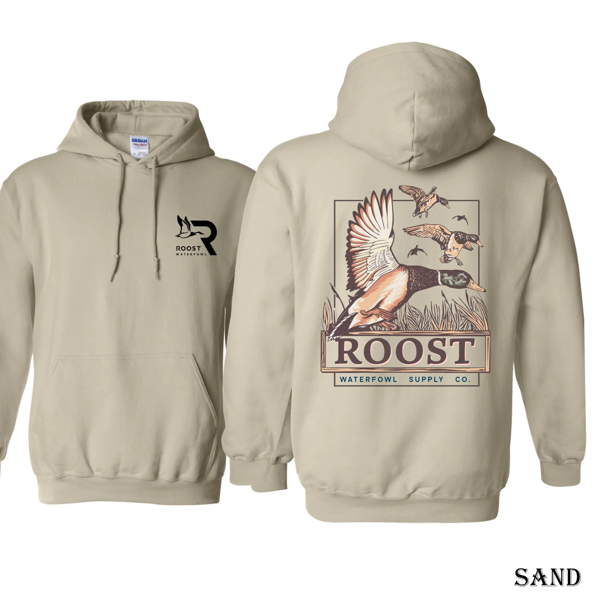 Roost Waterfowl Mallard Hoodie, Double-Sided Duck Hunting Graphic Hoodie, for Men and Women, Menswear Top