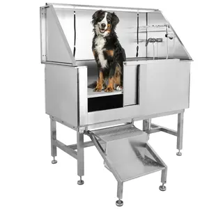 【GARVEE】Stainless Steel Dog Washing Station,50"  Dog Grooming Tub for Home,Garage,Pet Store,Dog Bathing Station with Sliding Doors,Stairs,Retractable Faucet,Anti-Slip Rubber Foot Pads(Left Door)