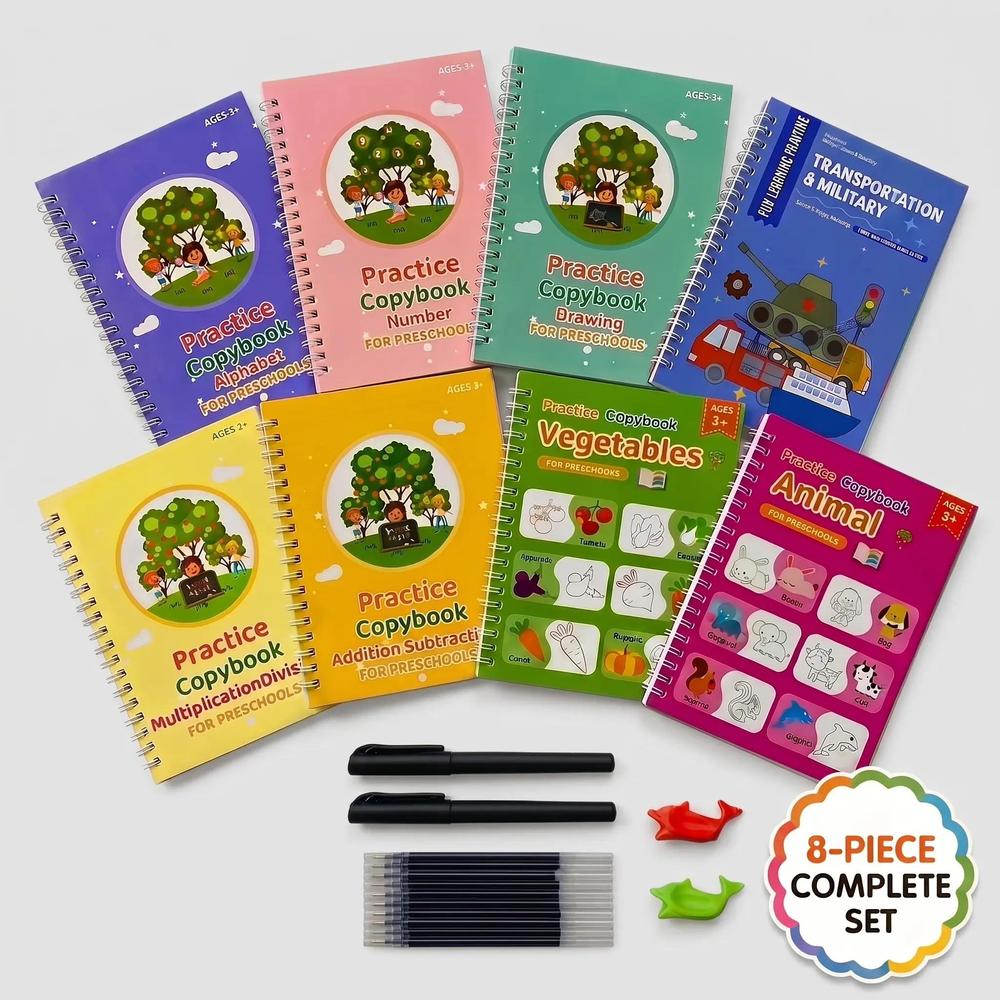 8-in-1 Magic Grooved Practice Copybook Set, Reusable Handwriting Workbook for Kids, Alphabet, Numbers, Math, Drawing, Animals & Vehicles, Preschool and Kindergarten Learning Activities