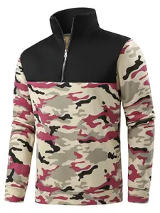 Men's Colorblock Camo Half-Zip Sweatshirt, Fall Winter Casual Long Sleeve Pullover, Soft Comfortable Round Neck Top