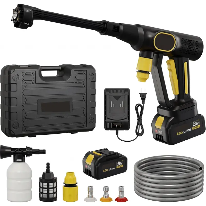 Cordless Adjustable Water Pressure Cleaning Machine, 4.0Ah Battery-Powered Pressure Washer with 6-in-1 Nozzle, 26FT High-Elastic Hose & Charger, Portable Handheld Cleaner for Home, Car