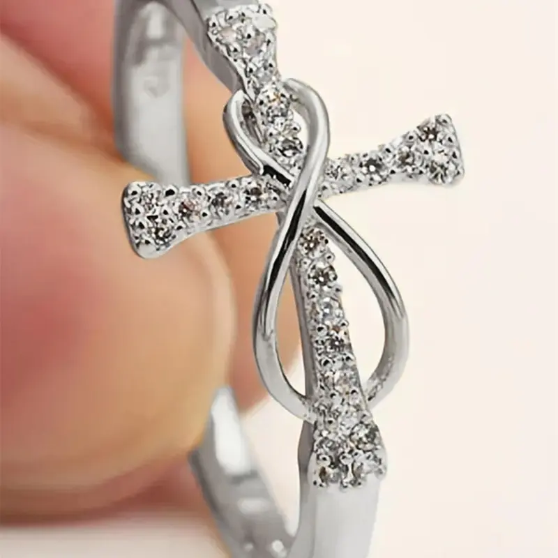 Fashion Rhinestone Cross Design Ring, Rhinestone Decor Ring, Fashion Engagement Rings, Engagement Ring Accessories, Wedding Bridesmaid Prom Jewelry, Jewelry for Birthday Gift for Women & Girls, Valentine's Day, Gift, Fashionable Jewelry, Beautiful Rings