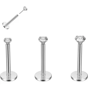G23 Titanium 16G-20G Nose Ring Push-in Threadless Laret Stud Earring with  Zircon, 3 count