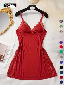 Women's Contrast Lace Bow Front Split Backless Fitted Cami Nightdress, Breathable Sleep Dress for Women, Soft Comfortable Solid Modal Spaghetti Strap Nightgown for Women