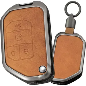 4 Button Key Fob Cover Compatible with Jeep Gladiator JT Sahara JLU 2018-2023 Fit for Jeep Wrangler JL JLU Rubicon Accessories Leather& Zinc Alloy Key Shell with Keychains-4 Button Brown